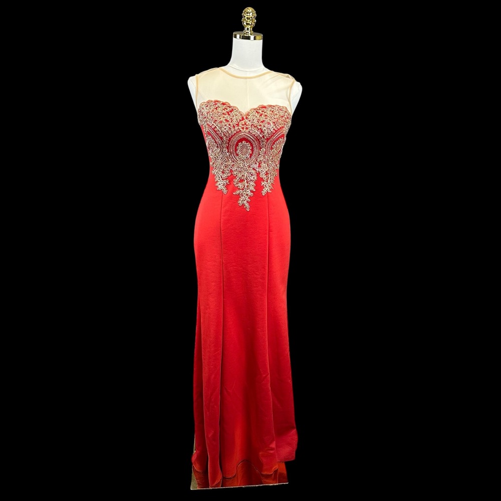 Red Gold Embroidered Illusion Neck Evening Gown Maxi Dress - Picture 3 of 8
